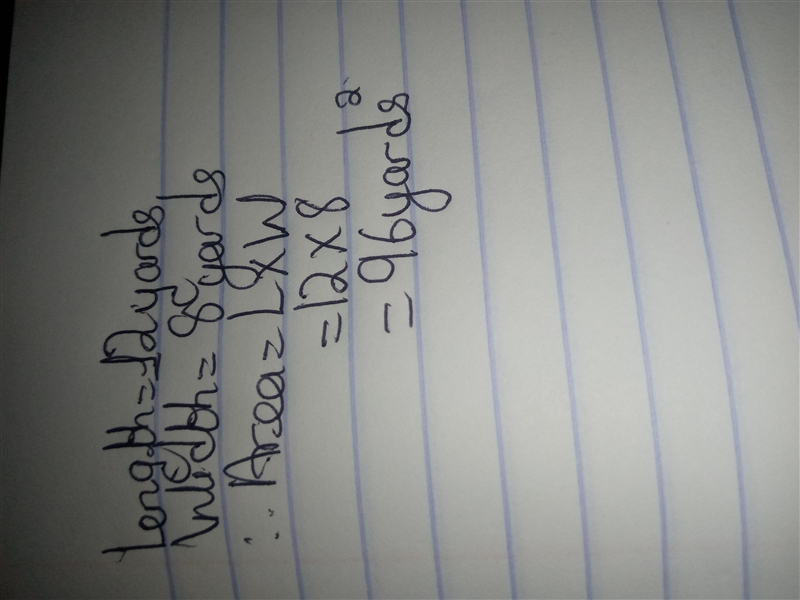 How many square yards are contained in a rectangle 12 yards long and 8 yards wide-example-1