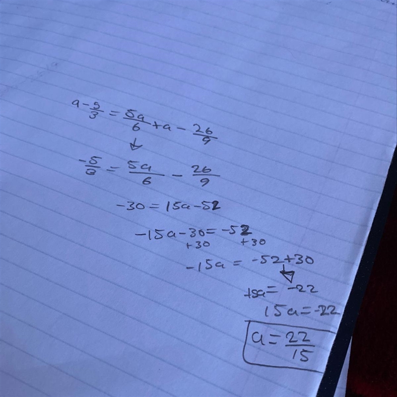 Solve the equation a-5/3=5a/6+a-26/9-example-1