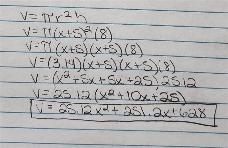 The equation V = πr^2 h gives the volume of a cylinder with radius r and height h-example-1