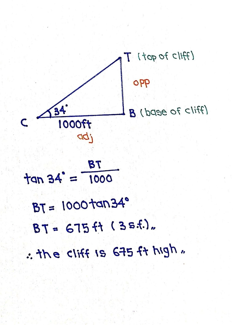 the angle of elevation from point c to the top of the cliff is 34°. if point c is-example-1