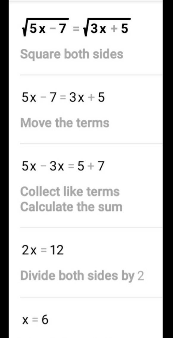 What is the solution to the equation sqrt5X-7= sqrt3X+5? x = 1 x = 6 x = 12 x = 24-example-1