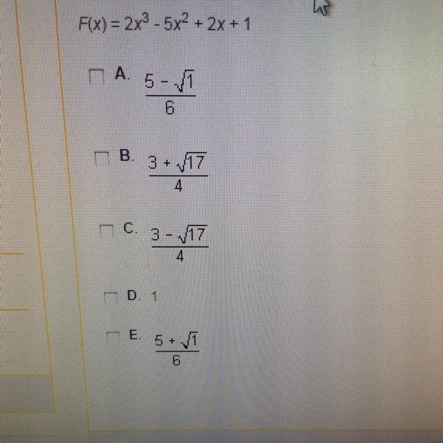 Which of the following are roots of the polynomial function below? f(x)=2x^3-5x^2+2x-example-1