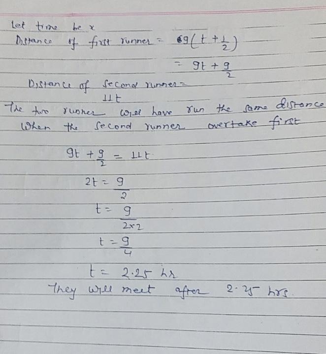 A long-distance runner started on a course at an average of 9 mph half an hour later-example-1