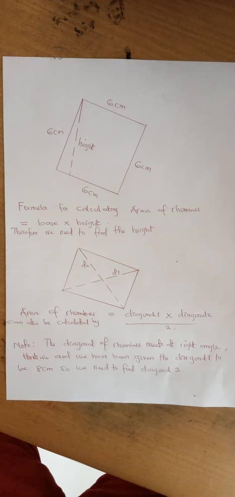 If sides of a rhombus are 6cm each and one diagonal is 8cm .find the height of the-example-1