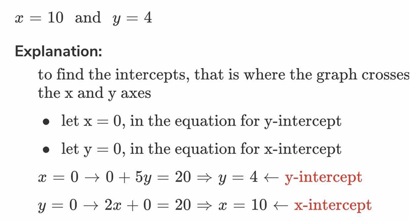 Identify the x-intercept and y-intercept of the line 2. – 5y = 20 Select one: a. The-example-1