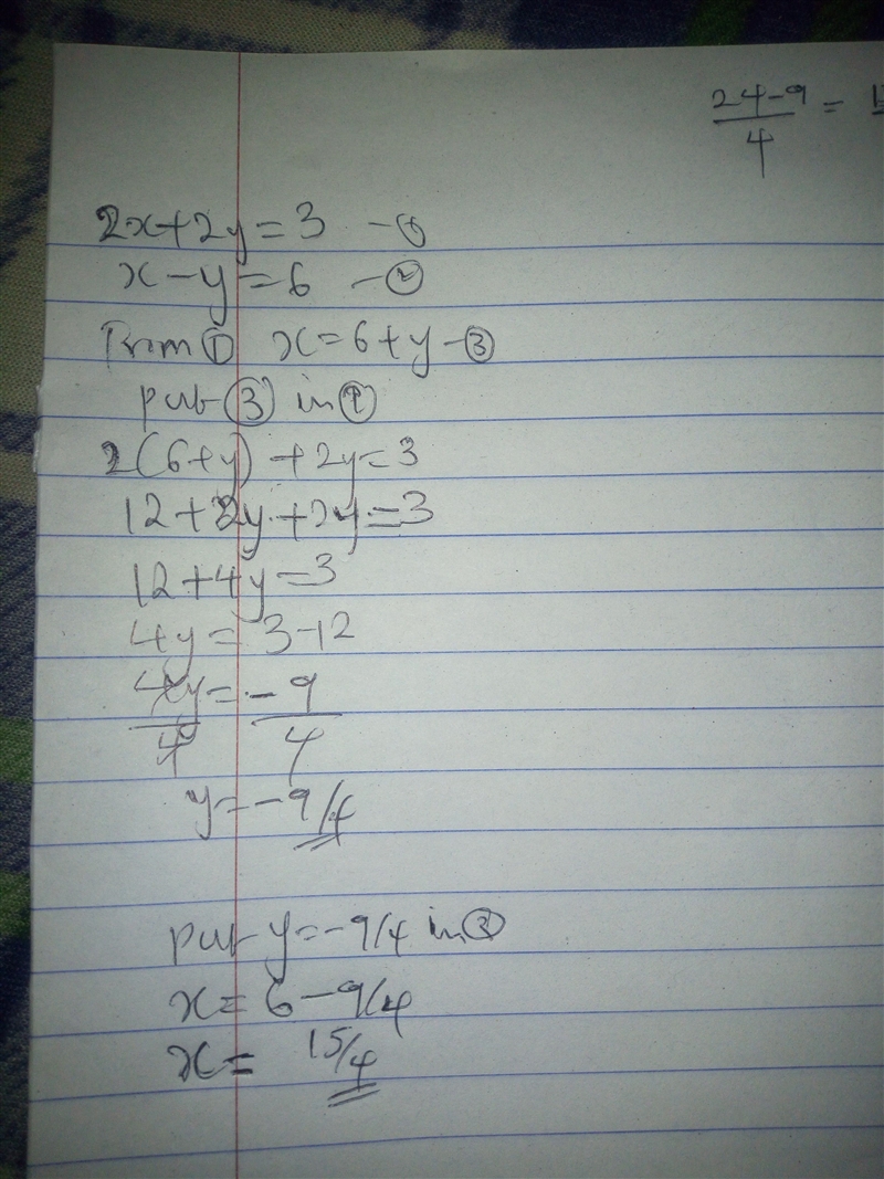 Consider this system of equations: 2x+2y=3 (equation A) x-y=6 (equation B) and The-example-1