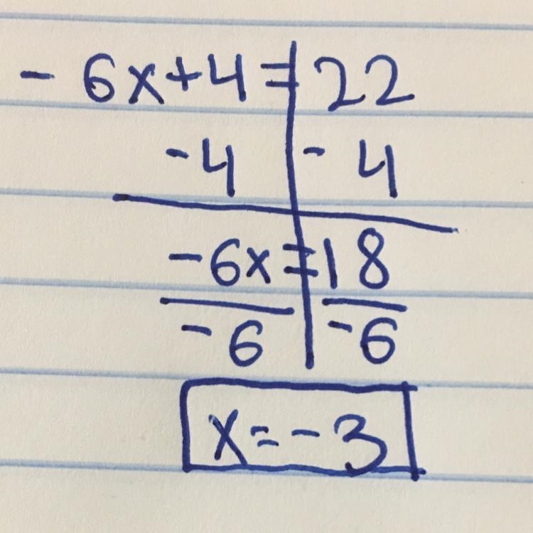 In the equation-2(3x-2)=22 what is x?-example-1