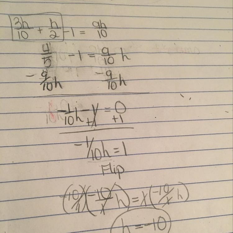 How do you solve 3h/10+h/2-1=9h/10 ?-example-1