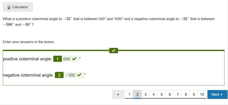 What is a positive coterminal angle to -32° that is between 500° and 1000° and a negative-example-1