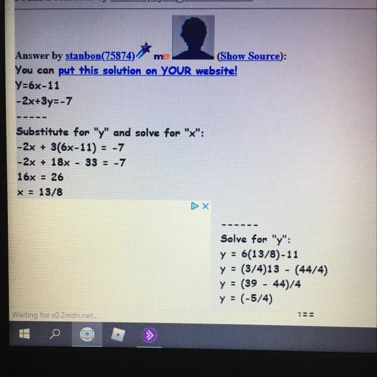 Solve each system by suh 1) y=6x – 11 -2x - 3y=-7 What is the answer?-example-1