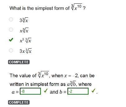 The value of 3 sqrt x^10, when x=-2, can be written in simplest form as a^3sqrtb, where-example-1