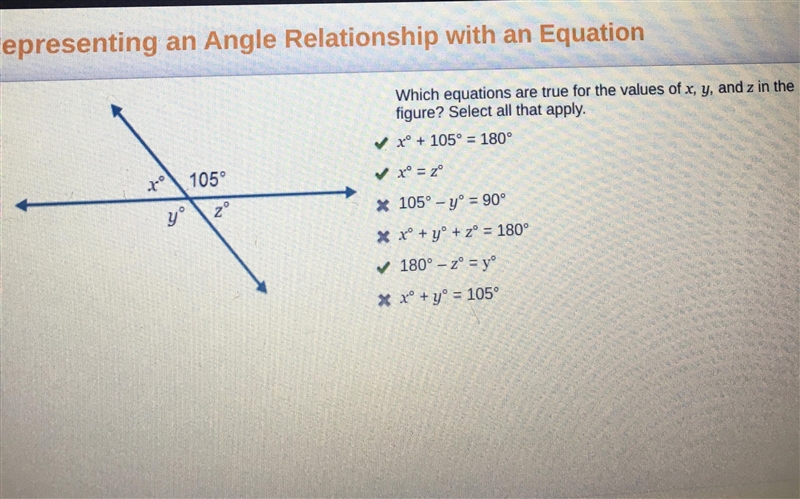 Which equations are true for the values of x, y, and z? Select three options-example-1