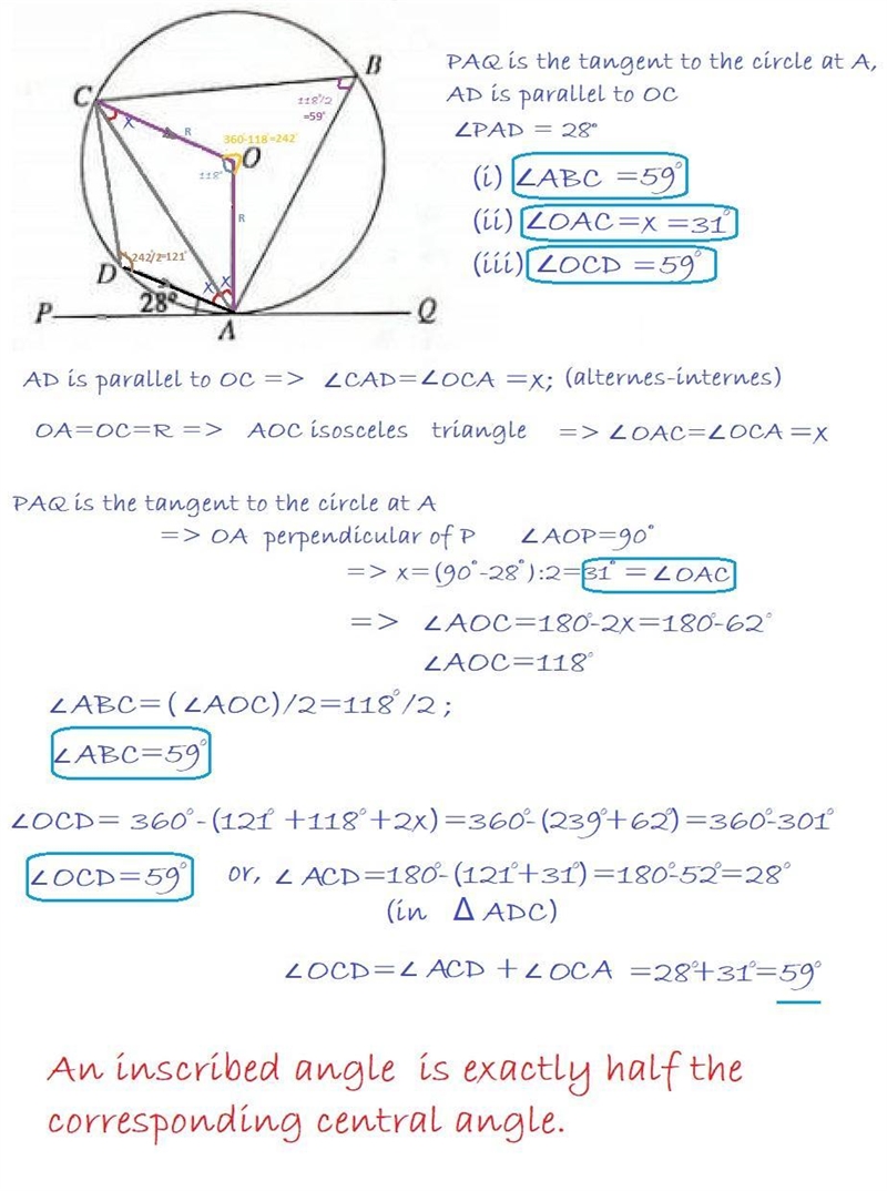 In the diagram above, O is the centre of circle, PAQis the tangent to the circle at-example-1