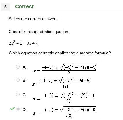 2x2 − 1 = 3x + 4 Which equation correctly applies the quadratic formula?-example-1