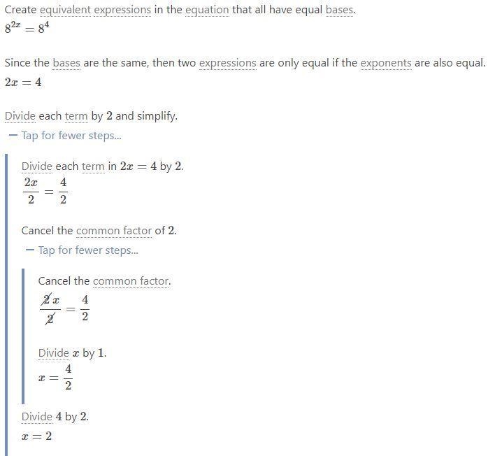 Explain the steps you would use to solve the equation. Find the solution. 8^2x = 4096-example-1