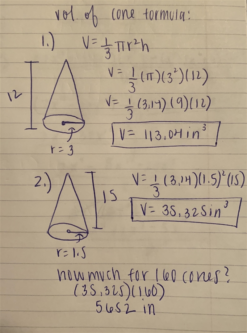 NEED ANSWERED ASAP 1.find the volume of a cone with height of 12 inches and a base-example-1