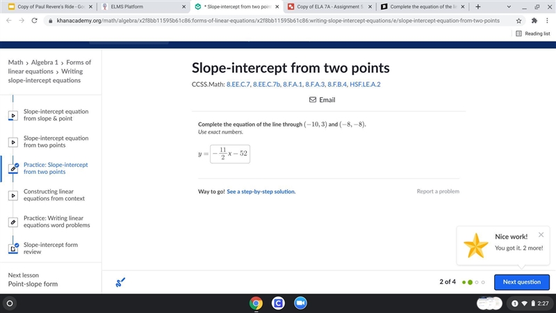 Complete the equation of the line through (−10,3) (−8,−8). Use exact numbers. y=-example-1