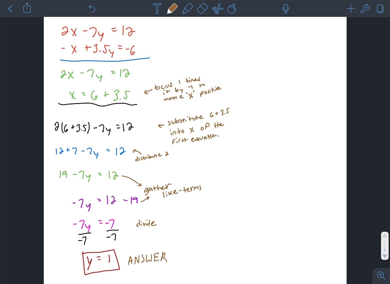 Solve the following system by the substitution method. {2x-7y=12 {-x+3.5y=-6-example-1