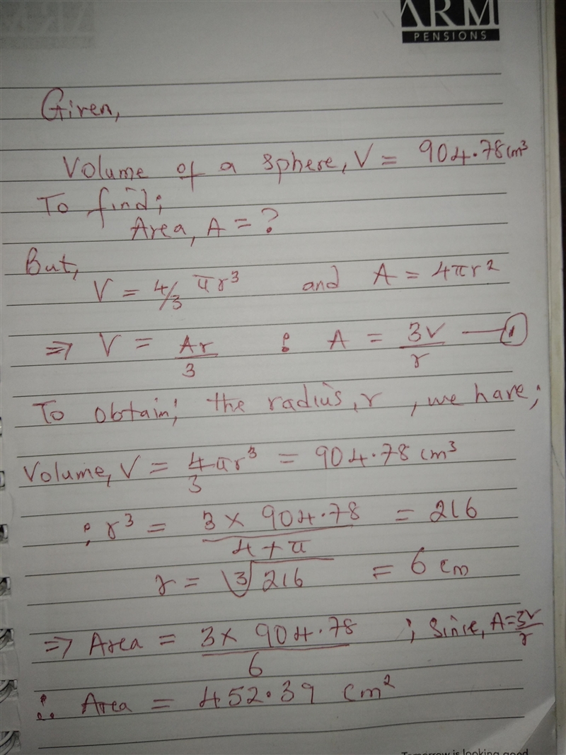 If the sphere has a volume of approximately 904.78 cm3, what is the approximate area-example-1