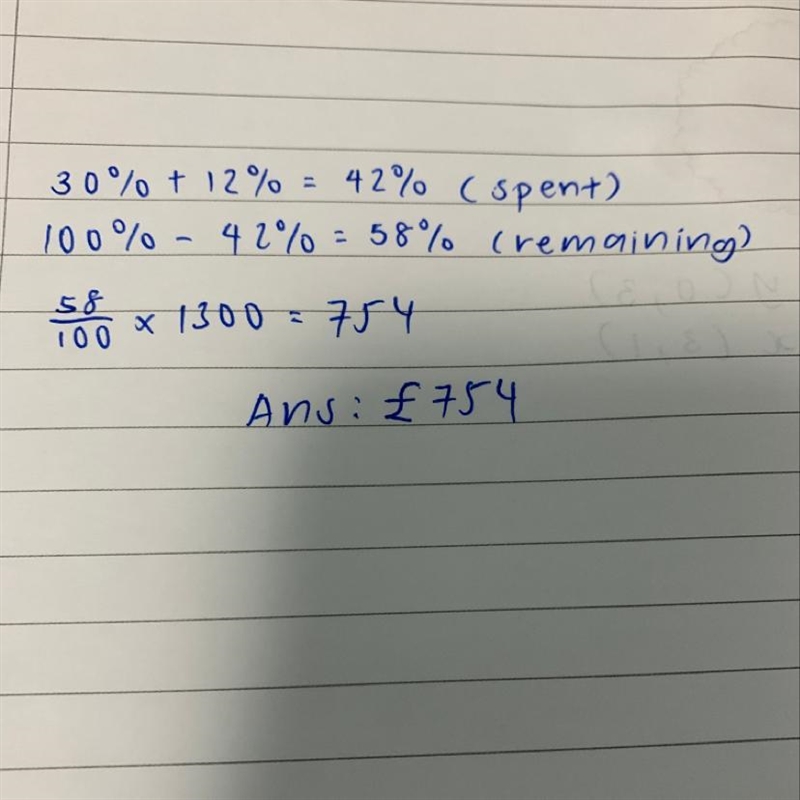 barry earns £1300 a month . He spends 30% of this money on rent and 12% on bills how-example-1