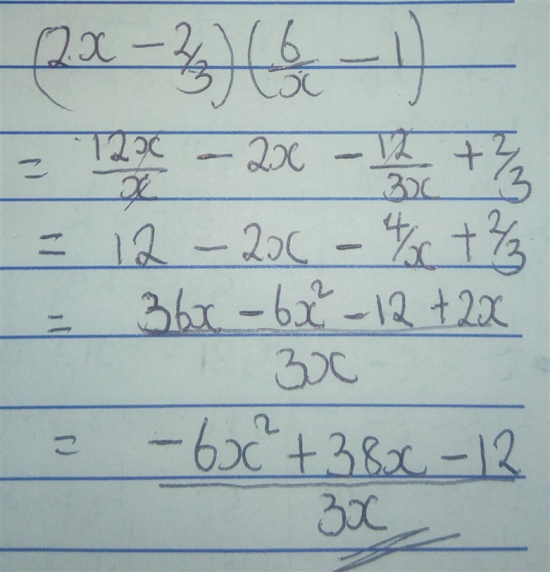 What is the product of (2x-2/3)(6/x-1) in simplest terms-example-1