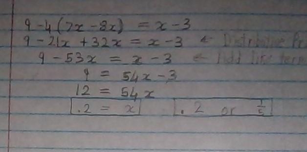 9 - 4(7x - 8x) = x - 3-example-1