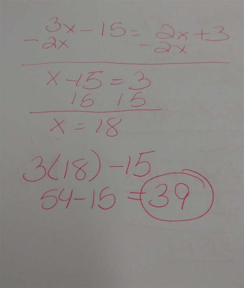 3x-15=2x+3 Find QR It says the answer is 39 but I can’t figure out how they got 39. Please-example-1