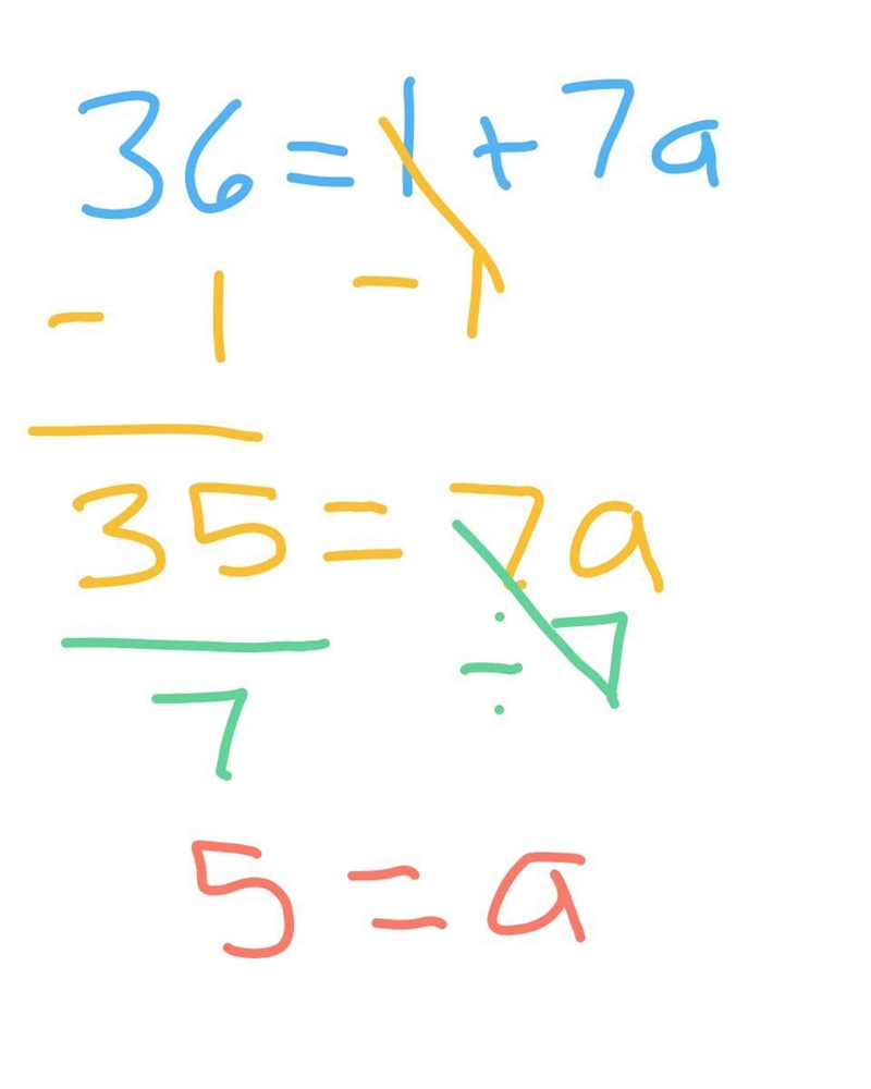 Solve each equation & show 3) 36 = 1+ 7a-example-1