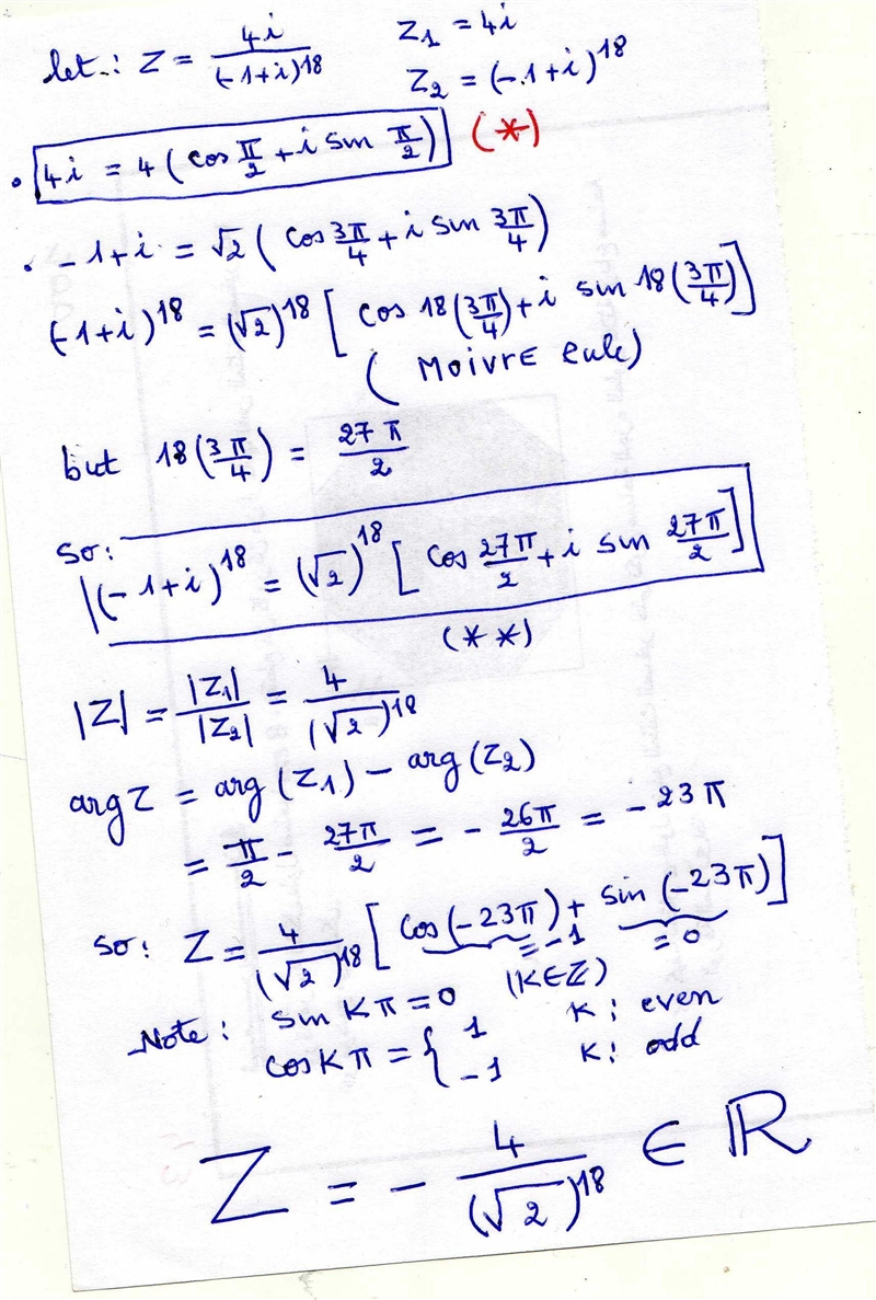 Show that (4i)/(-1+i)^18 is real and find its value.-example-1