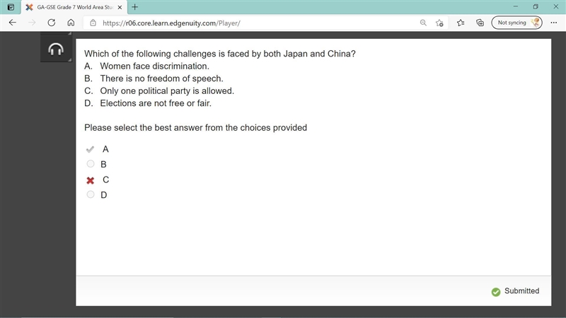 Which of the following challenges is faced by both Japan and China? A Women face discrimination-example-1