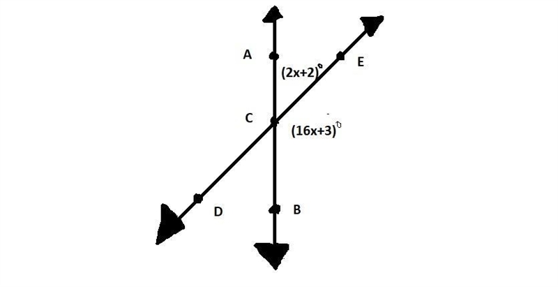 Lines DE and AB intersect at point C What is the value of x? (2x2) 16x+3)-example-1