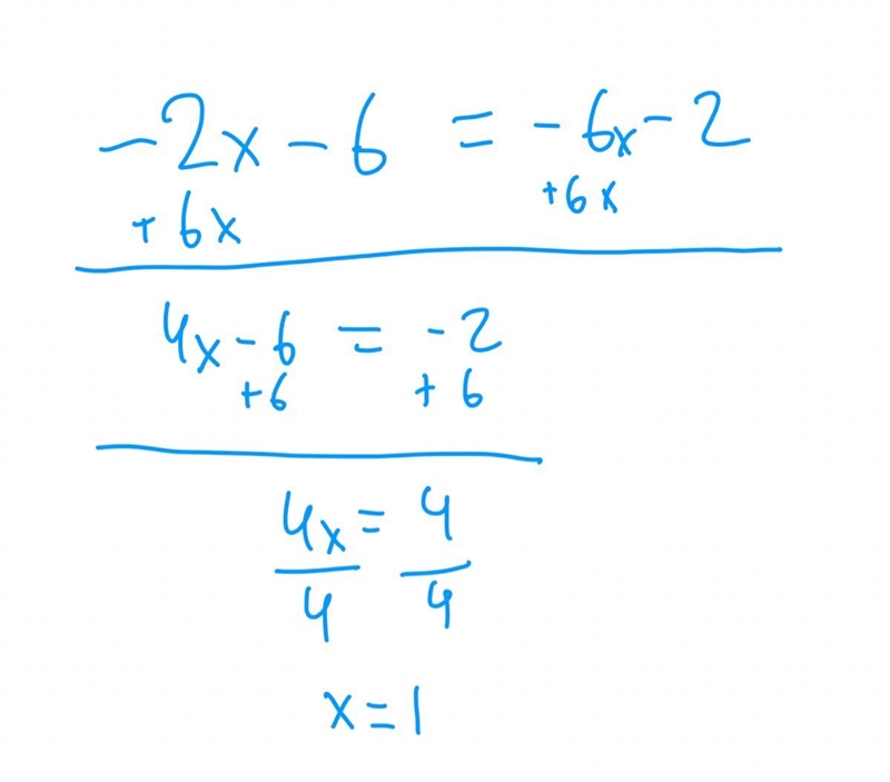 Find the answer to SHOW YOUR WORK! (pls help with dis) -2x – 6 = -6x – 2​-example-1