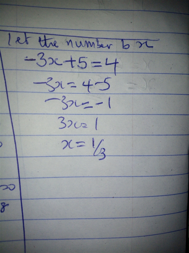 The difference of three times a number and five is four. Find the number.-example-1