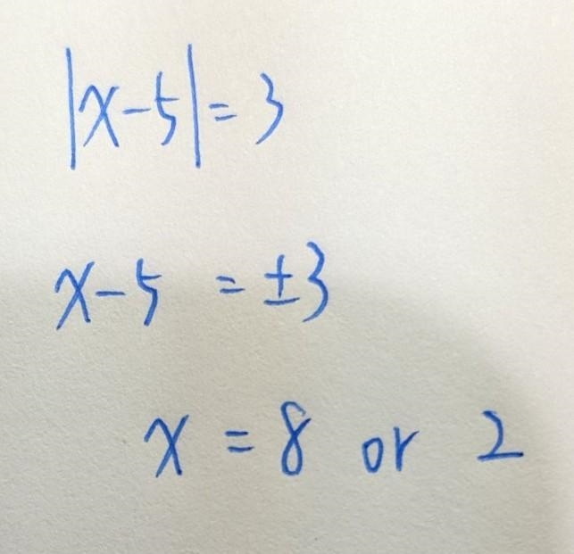 Solve. Which one is the correct answer? /x-5/=3 A. x=2, x=8 B. x=-8, x=8 C. x=-2, x-example-1