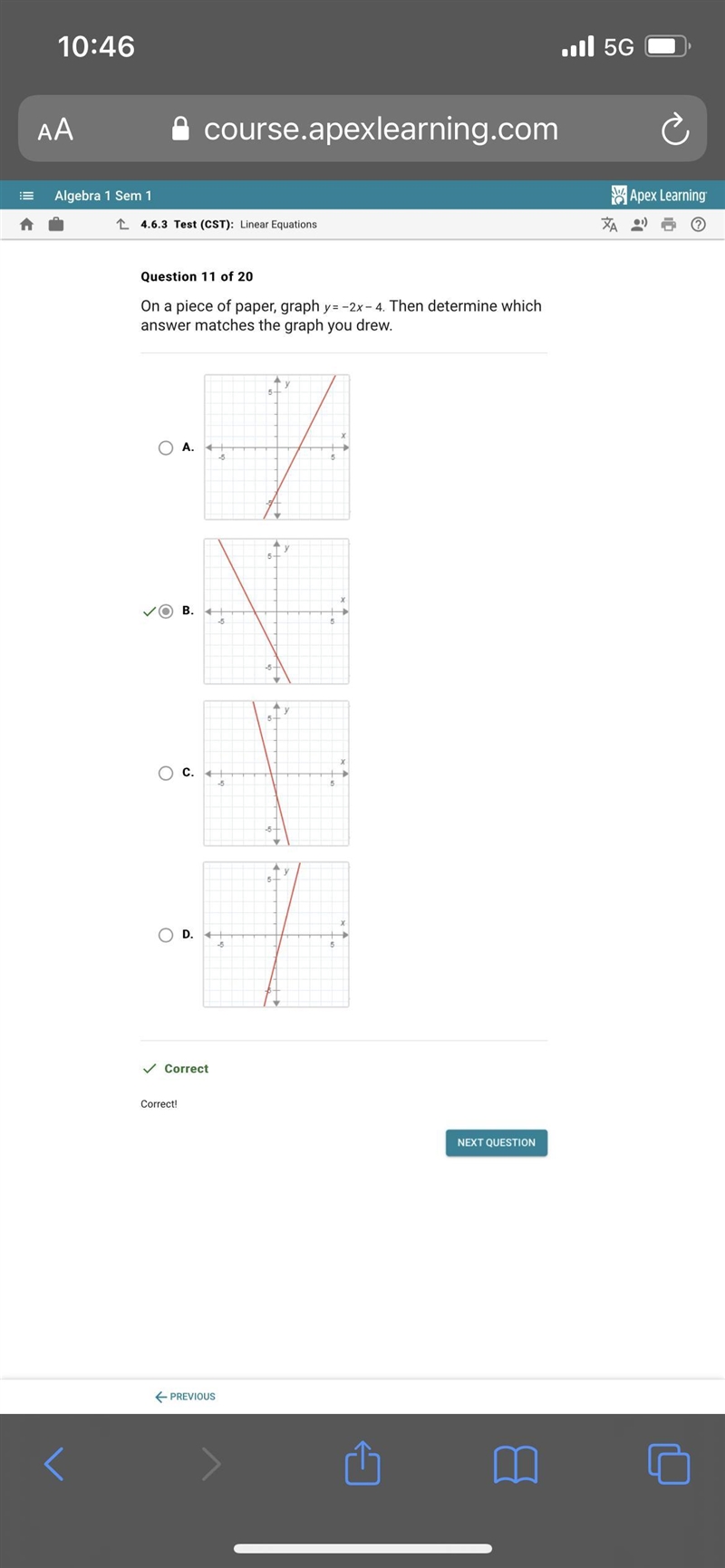 On a piece of paper, graph y = 2x - 4. Then determine which answer matches the graph-example-1