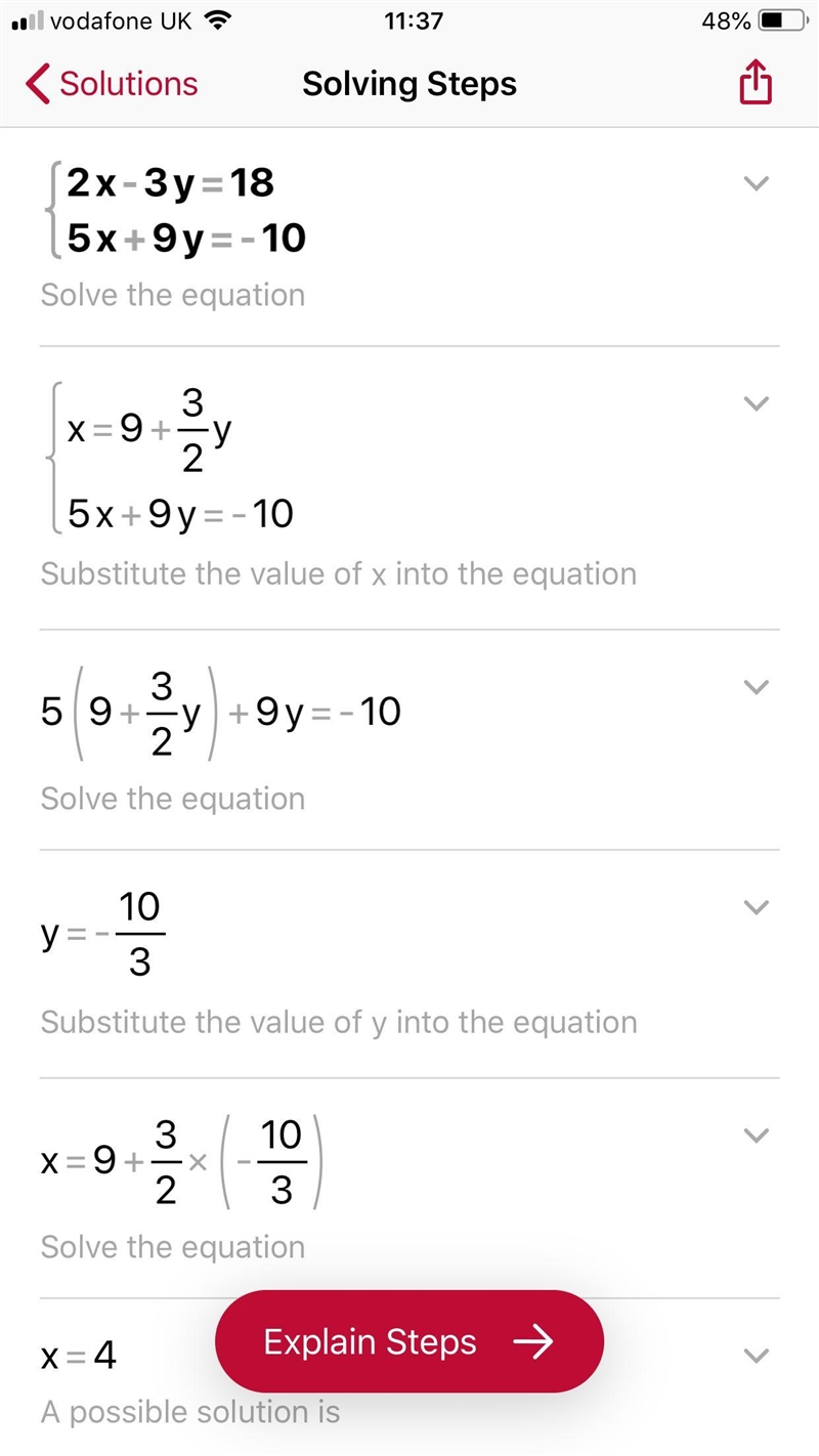 Solve the simultaneous equations 2x - 3y = 18 5x + 9y = -10​-example-2