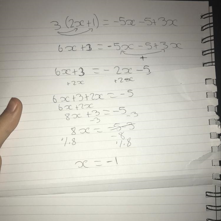 3(2x + 1) = -5x -5 + 3x solve by algebraic expressions​-example-1