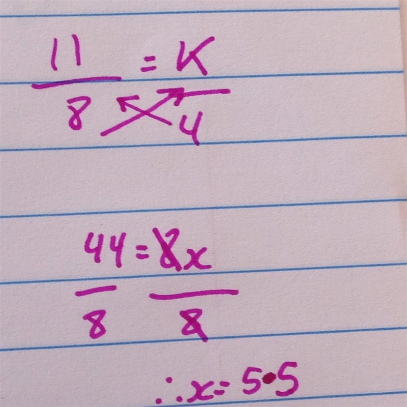 Solve for k 11/8=k/4 k= ???-example-1