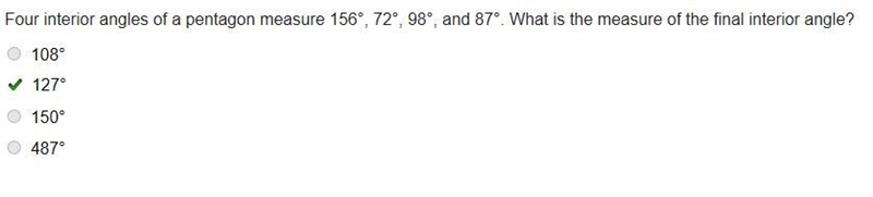 Four interior angles of a pentagon measure 156°, 72°, 98°, and 87°. What is the measure-example-1