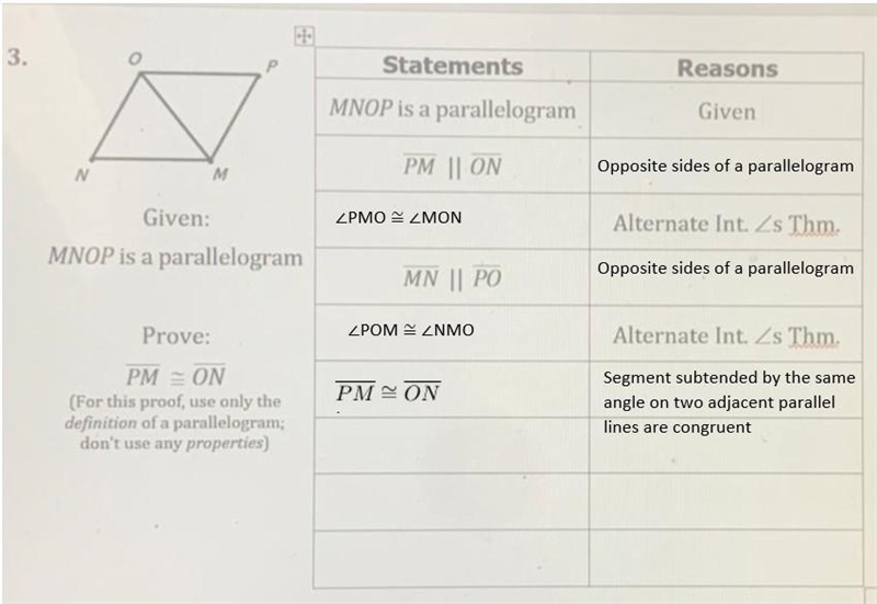 Given: MNOP is a parallelogram Prove: PM  ON (For this proof, use only the definition-example-1