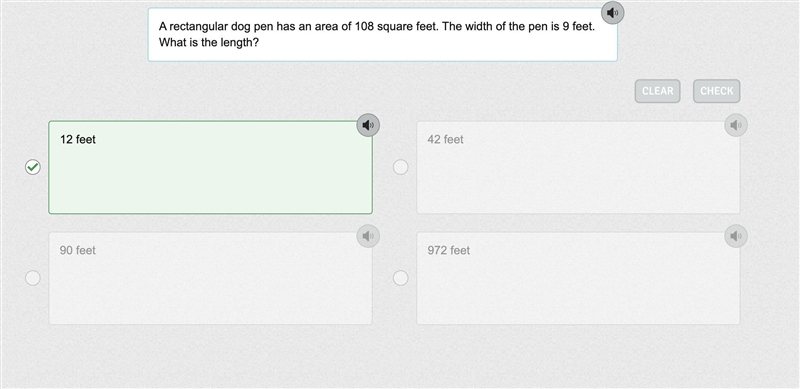 A rectangular dog pen has an area of 108 square feet. The width of the pen is 9 feet-example-1