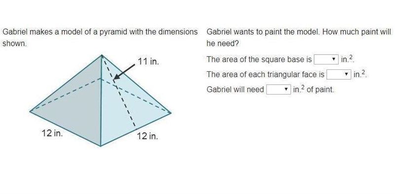 Gabriel wants to paint the model. How much paint will he need? The area of the square-example-1