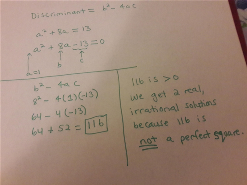 Use the discriminant to determine the number and type of solutions to the quadratic-example-1