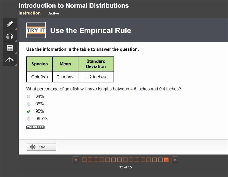 What percentage of goldfish will have lengths between 4.6 inches and 9.4 inches? 34% 68% 95% 99.7%-example-1