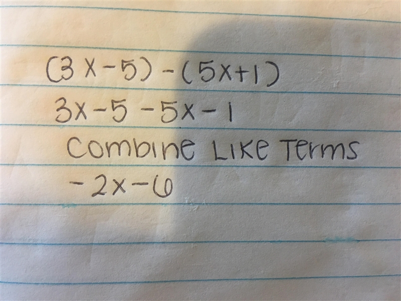 (06.02 LC) Simplify (3x - 5) - (5x + 1). 0-2x + 6 0-2x - 6 O 2x - 6 O 2x + 6-example-1