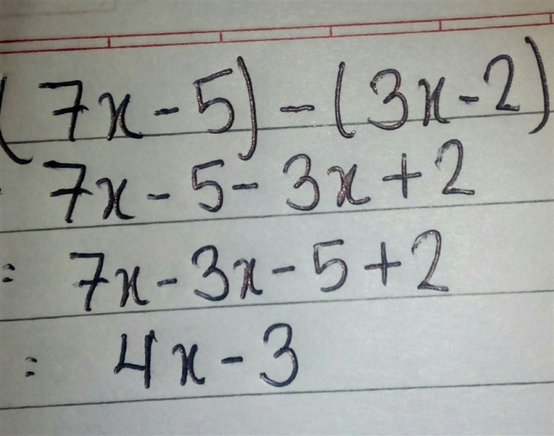 1. Which expression is equivalent to (7x -5) - (3x – 2)? A 10x -7 B 10x -3 C4x - 7 D-example-1