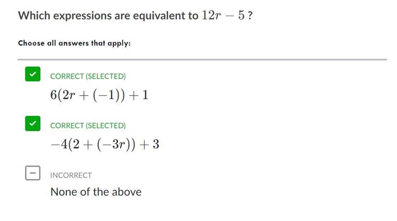 Which expressions are equivalent to 12r-512r−512, r, minus, 5 ? Choose all answers-example-1