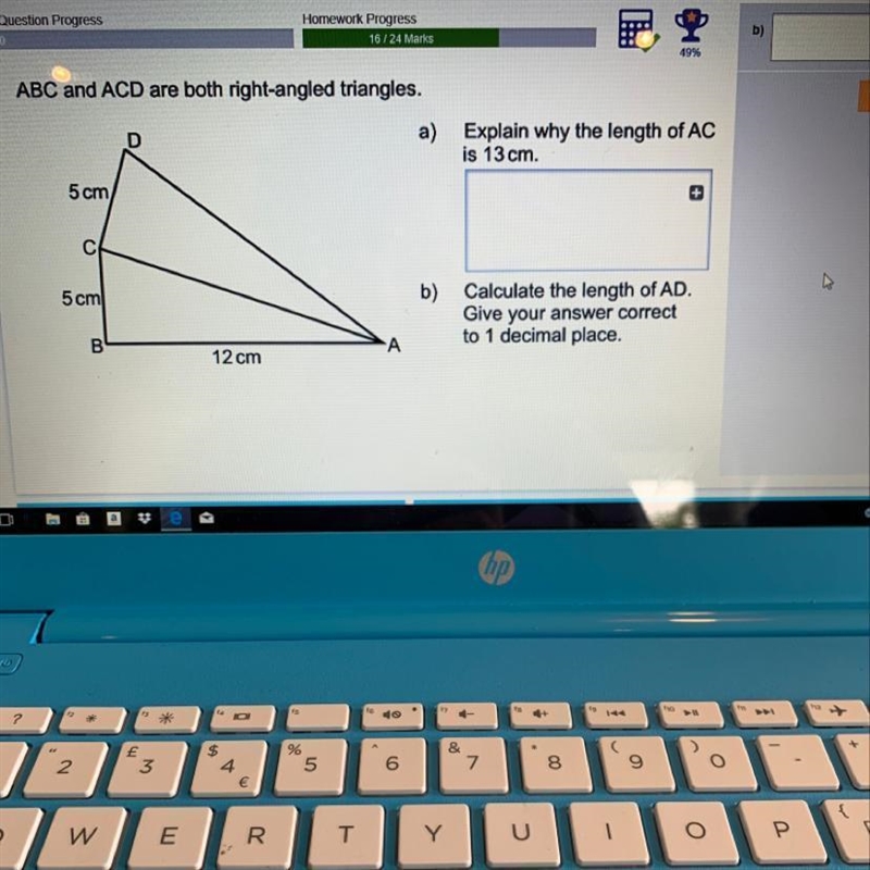 ABC and ACD are both right-angled triangles. D a) Explain why the length of AC is-example-1