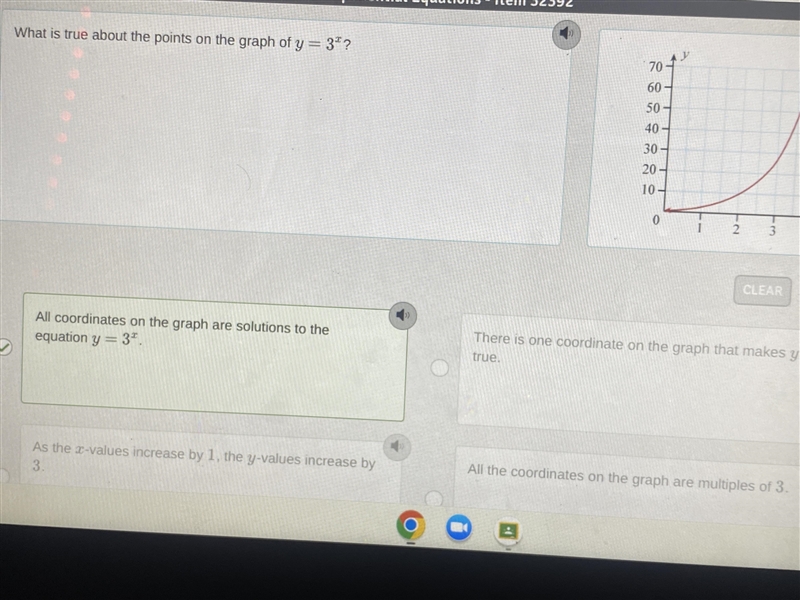 NEED HELP ASAP What is true about the points on the graph of Y=3^x?-example-1