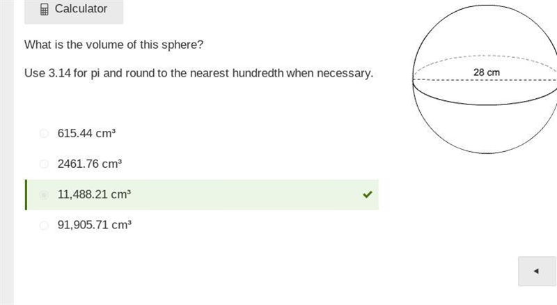 What is the volume of this sphere? Use 3.14 for pi and round to hundredth when necessary-example-1